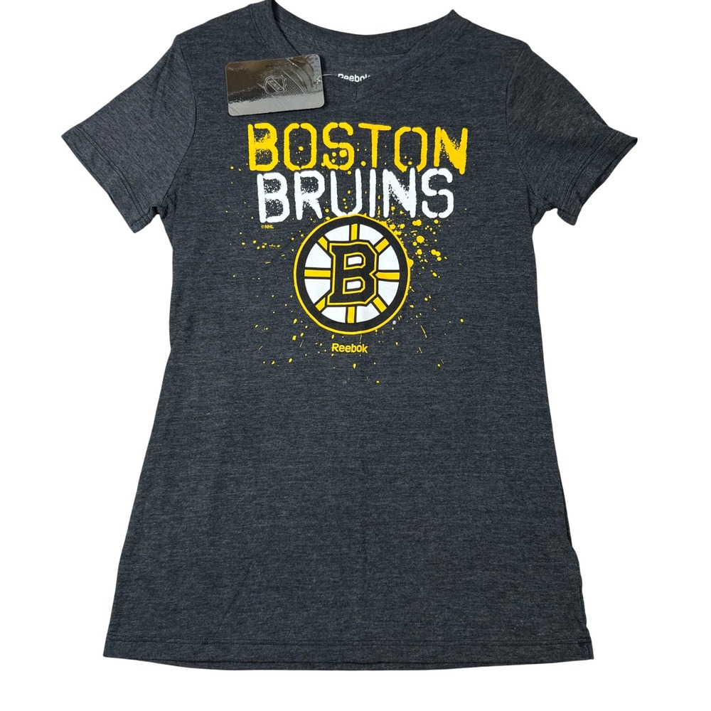 Reebok Boston Bruins NHL Girls Youth Large 14 V-Neck Graphic T-Shirt Gray NWT